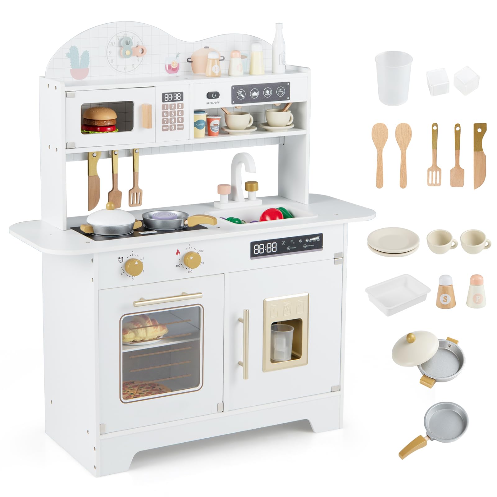 COSTWAY Kinderküche, Spielküche Holz mit 17 Zubehörteilen, Spielzeugküche mit Backofen, Eismaschine, Mikrowelle & Herd, Holzküche für Kinder ab 3 Jahren (Weiß)