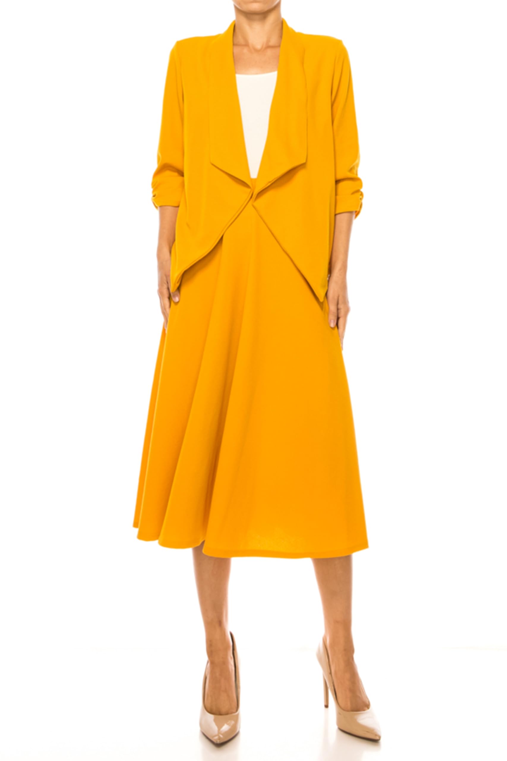 Womens Solid 2-Piece Set Open Front Blazer and Matching Midi Aline Skirt