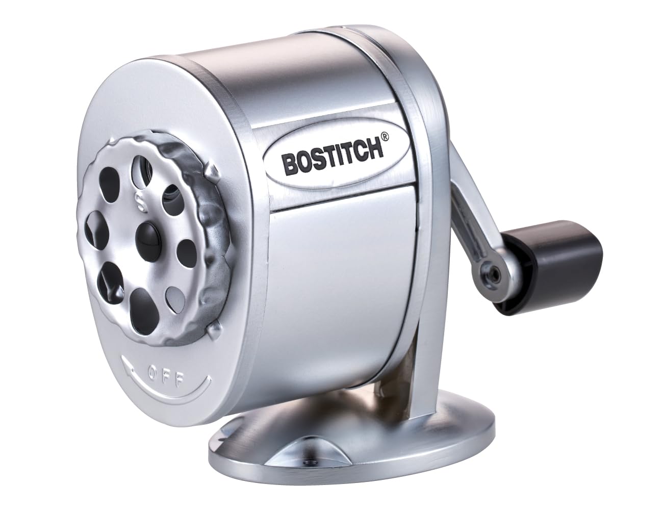 Bostitch Office Wall Mount Manual Pencil Sharpener, Tip Saver, 8 Hole Dial, 6X Longer Cutter Life, Vertical or Horizontal Mounting, Silver