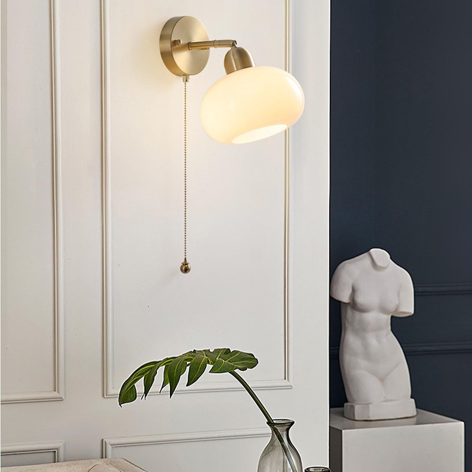 SMCCYYSD LED Interior Wall Light with Pull Cord Switch Lamp Vintage Brass Decoration Sconce White Glass Lampshade Lighting Modern E27 for Hallway Study Room(A)
