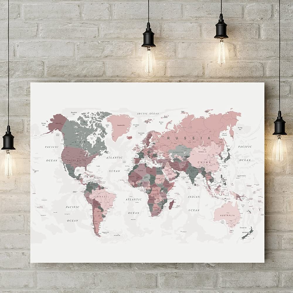 Five-Seller Mapa świata obraz na płótnie różowy i myśliwy zielona mapa plakaty i nadruki sztuka ścienna nowoczesny obraz do dekoracji salonu (1,90 x 140 cm (nieoprawiony)
