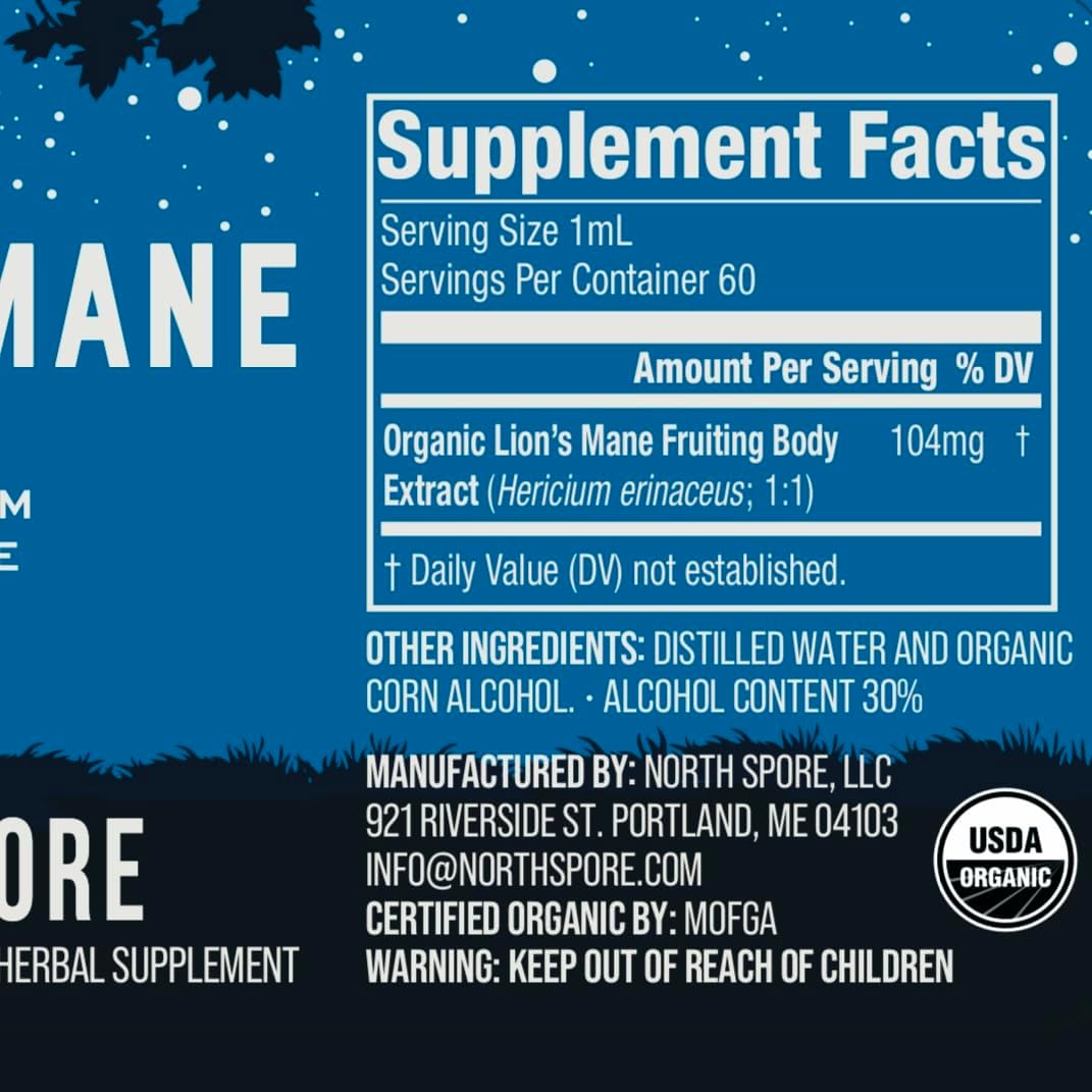 North Spore Organic Lion's Mane Mushroom Tincture (2 oz) | 100% Fruiting Body Extracts | for Focus, Memory, Brain Support | Certified Organic, Vegan, Non-GMO | Adaptogenic, Nootropic | Made in USA