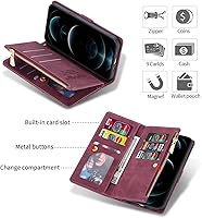 Vista 5 de ZCDAYE Funda tipo cartera para iPhone 12iPhone 12 Pro con 9 ranuras para tarjetas, bolsillo con cremallera, cartera de mano, funda con tapa