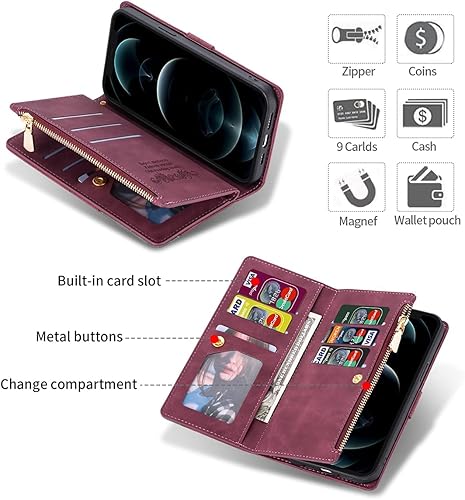 Miniatura 5 de ZCDAYE Funda tipo cartera para iPhone 12iPhone 12 Pro con 9 ranuras para tarjetas, bolsillo con cremallera, cartera de mano, funda con tapa para