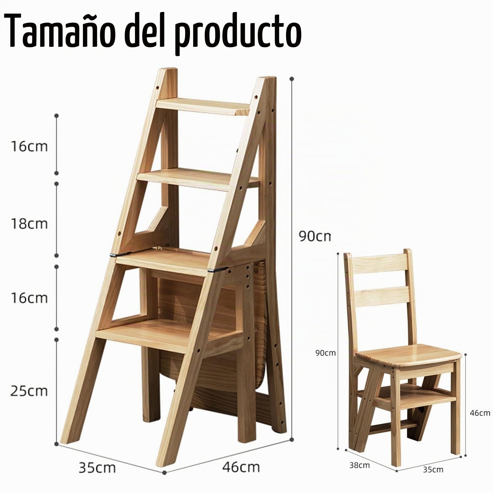 Silla plegable de 4 niveles, taburete convertible de madera, escalera y asiento 2 en 1, plegable, multiusos para el hogar, cocina, oficina, sala de estar (marrón, 39 x 46 x 90 cm)