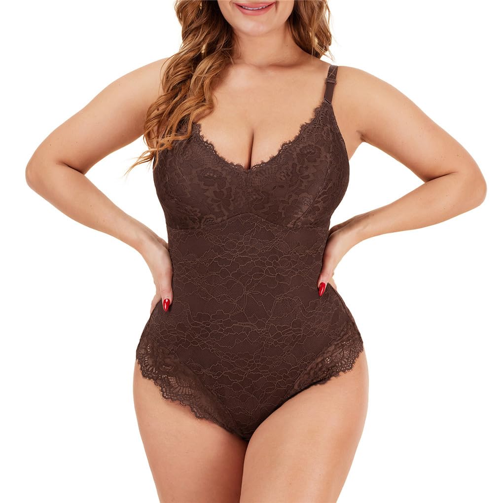 LYGBAOFUL Body damskie Solidny dekolt w serek Koronkowa bielizna Tank Top Seksowne stringi Bielizna modelująca talię
