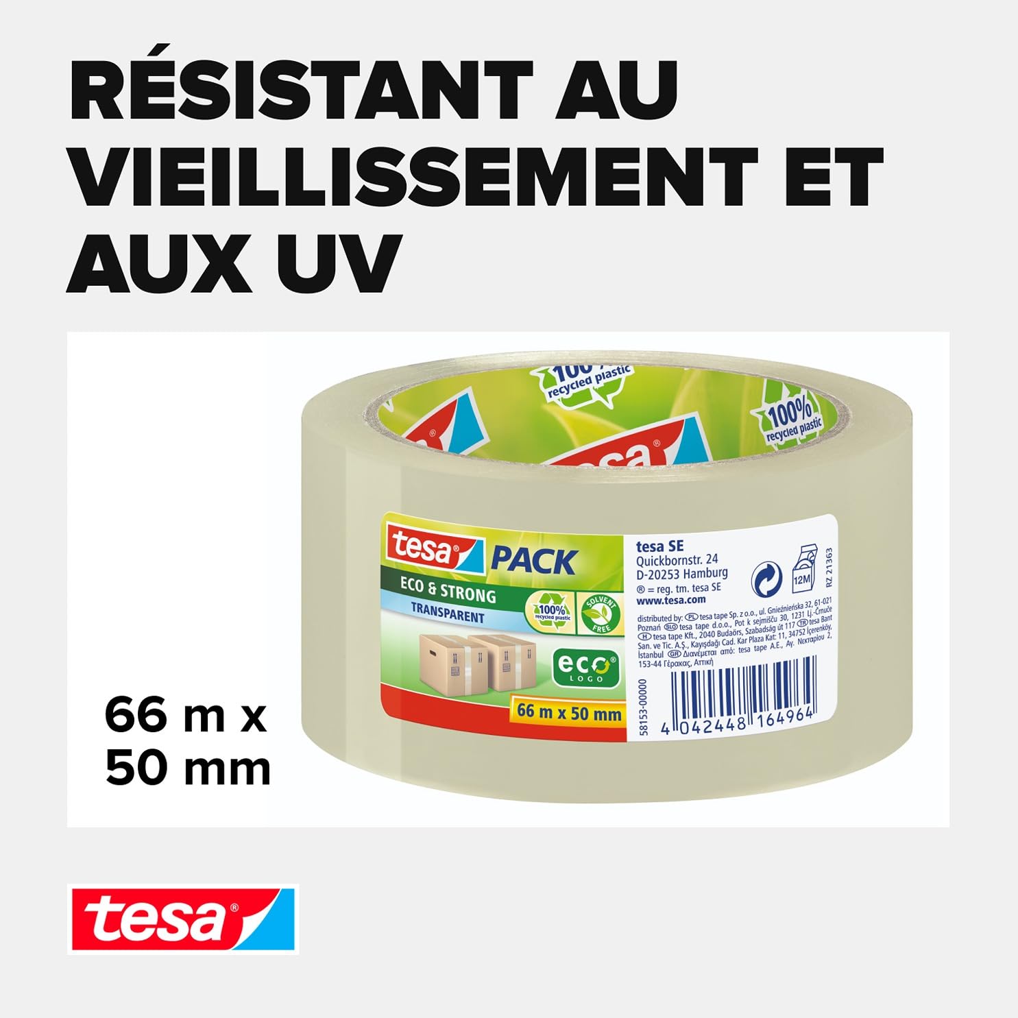 Ruban D'emballage Tesa 60418 - Extra Long 132m X 50mm - 85% PET Recyclé - Sans Solvants - Pour Cartons Jusqu'à 35kg - 7