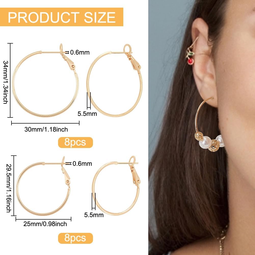 BENECREAT 16Pcs 2 Size Real 18K Gold Plated Hoop Earring Findings, Brass Round Beading Hoop for DIY Jewellery Earring Making Supplies, Pin: 0.6mm - Image 2