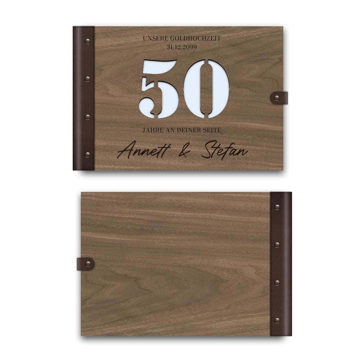 Personalisiertes Goldhochzeit Gästebuch aus echtem Holz selbst gestalten - 50 Jahre Stanze - mit 72 Blatt / 144 Seiten Naturpapier Weiß