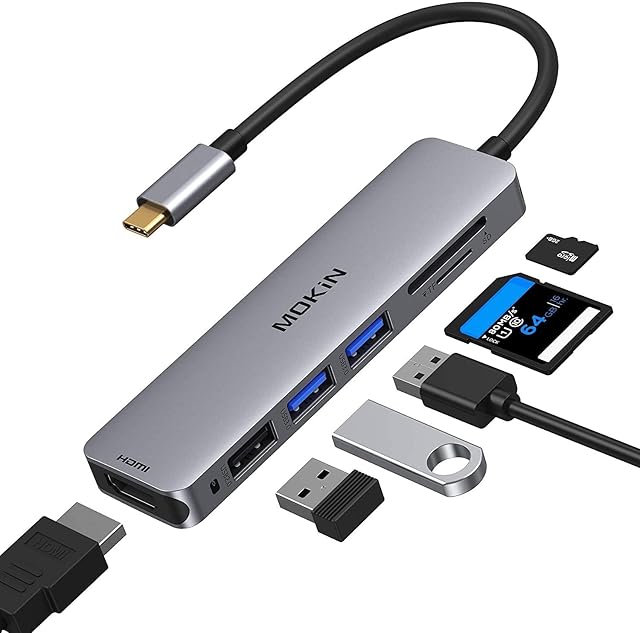 MOKiN USB/Type C Hub 5 in 1 to HDMI Adapter with 2 USB 3.0 Ports,SD/TF Card Reader compatible with MacBook Pro 2019/2018/2017, MacBook Air 2018, Huawei Google Chromebook Samsung Galaxy and More
