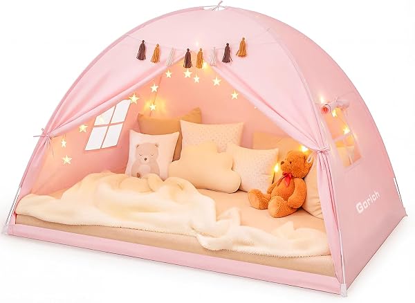 Gorich Twin Bed Tent for Kids, Indoor Privacy Toddler Sleeping Canopy with Mesh Window, Fits Bunk or Floor Bed, Include Star Lights & Tassels, Cozy Playhouse for Boys Girls Birthday