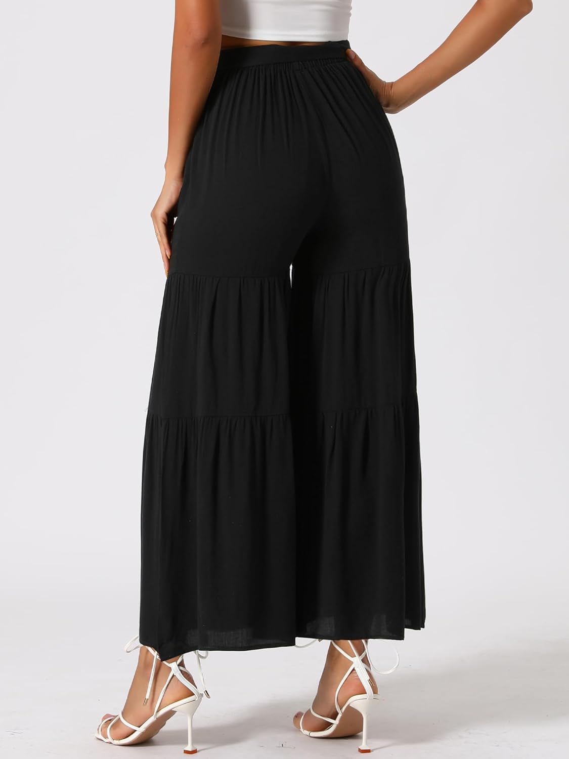 Allegra K Women's Boho Elastic High Waisted Ruffles Flare Palazzo Wide Leg Pants - Image 4