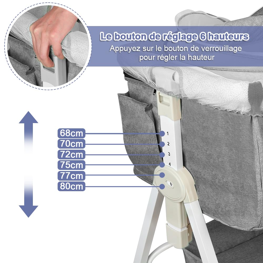 Supfine Berceau Cododo 4 en 1 Lit Bébé Multifonction avec Table à Langer et Rangement, 6 Niveaux de Hauteur, Lin Gris 95x50x98-110 cm