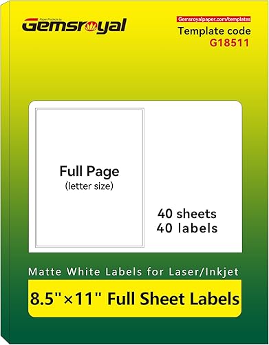 Gemsroyal Etiquetas imprimibles, 8.5 x 11 pulgadas, hoja completa, 40 hojas, papel adhesivo de envío y dirección para impresoras láserinyección de