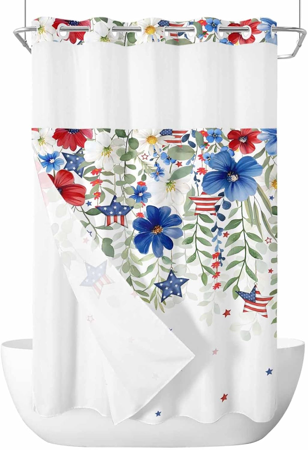Red Blue Flowers Leaves Star No Hook Shower Curtain with Snap in Liner Set, Waterproof Shower Curtains for Bathroom, Independence Day Fabric Shower Curtain, See Through Mesh Top Window, 36x72in