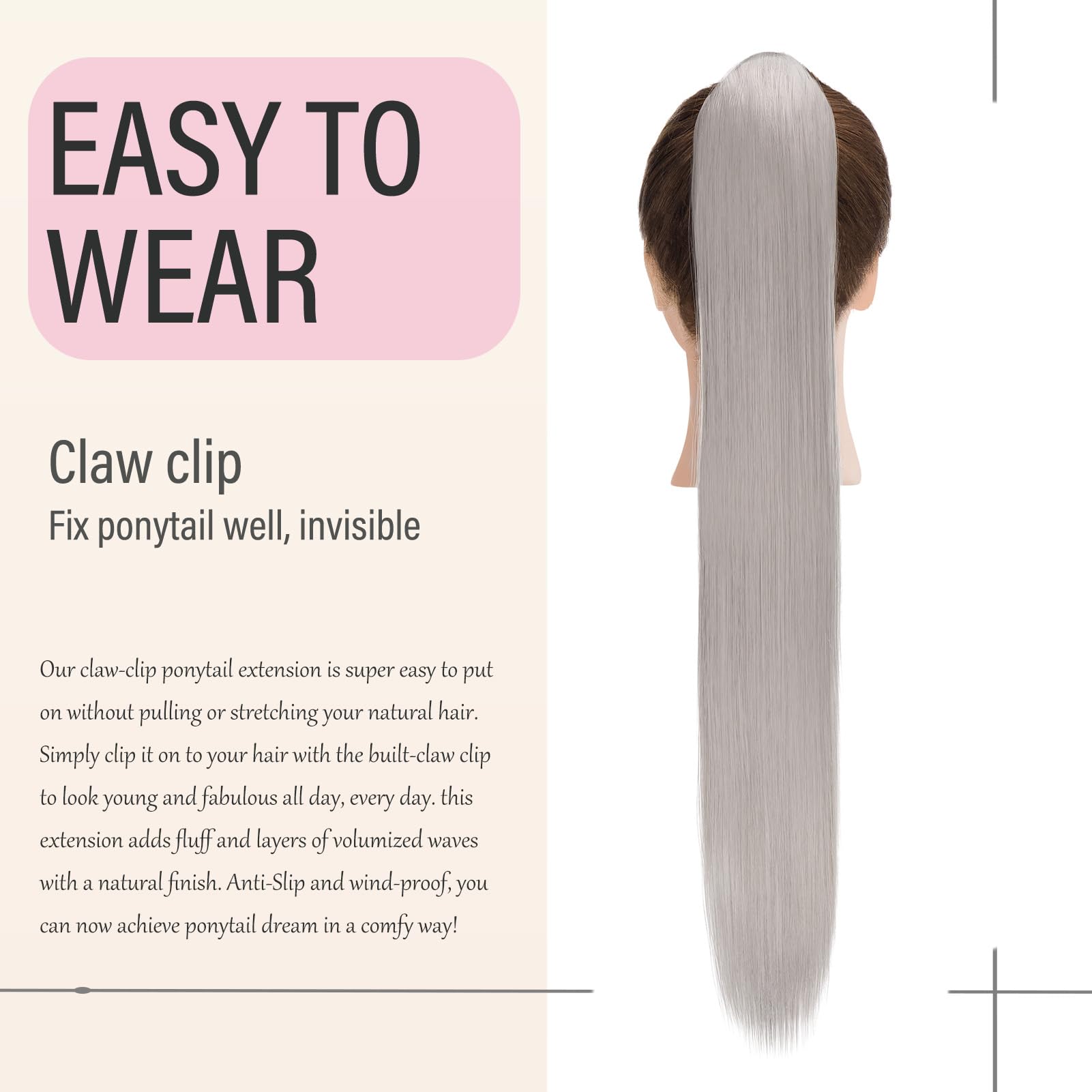 Dcbaboo 22inch Claw Clip in Ponytail Hair Extensions Long Straight Ponytail Extension Synthetic Pony tails Natural Wave One Piece Hairpiece Fake Ponytail for Women Dark Grey - Image 4