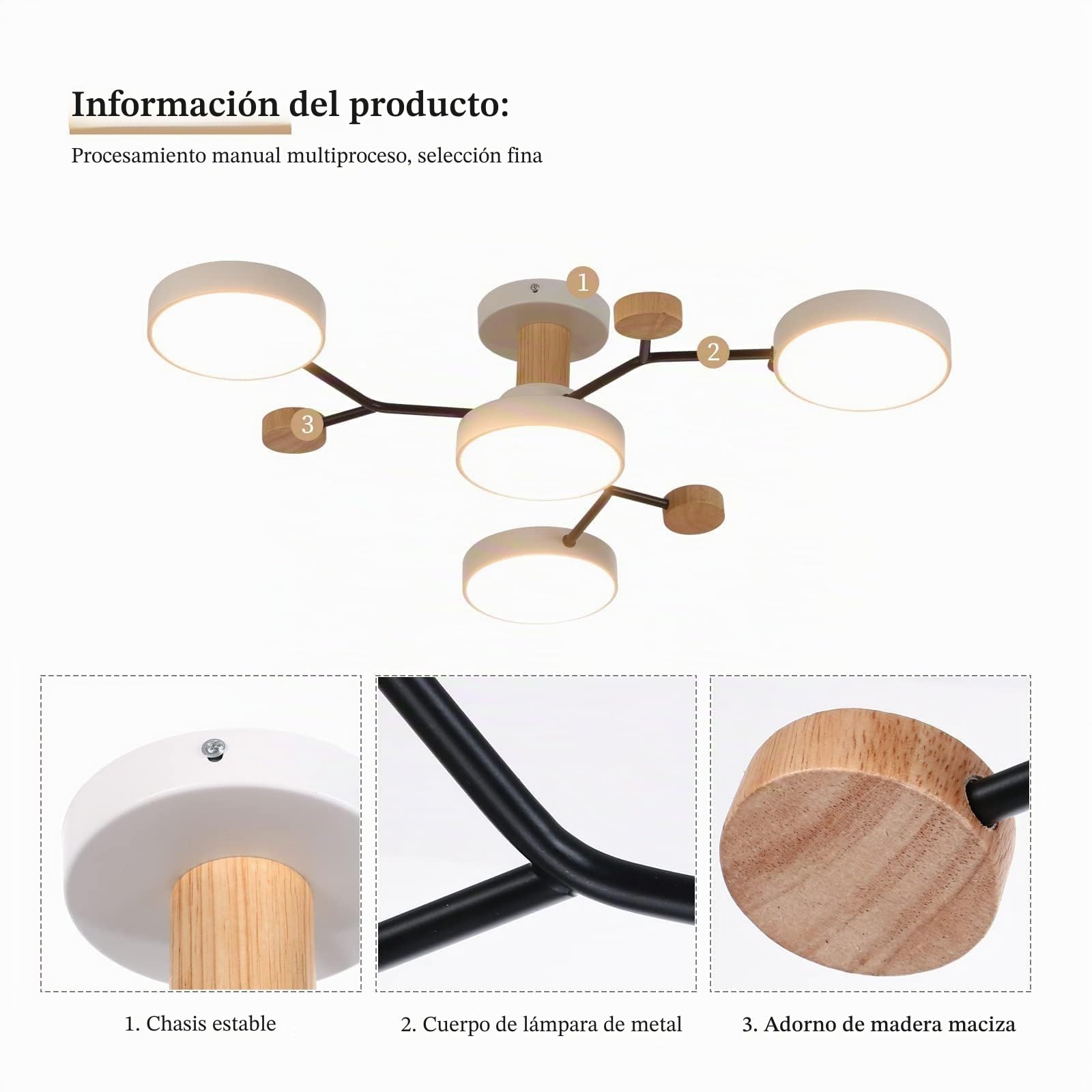 Plafón LED de 4 cabezas,36W blanco cálido 3000K,plafón de decoración de madera Ø66cm para sala de estar cocina comedor oficina en casa habitación de los niños