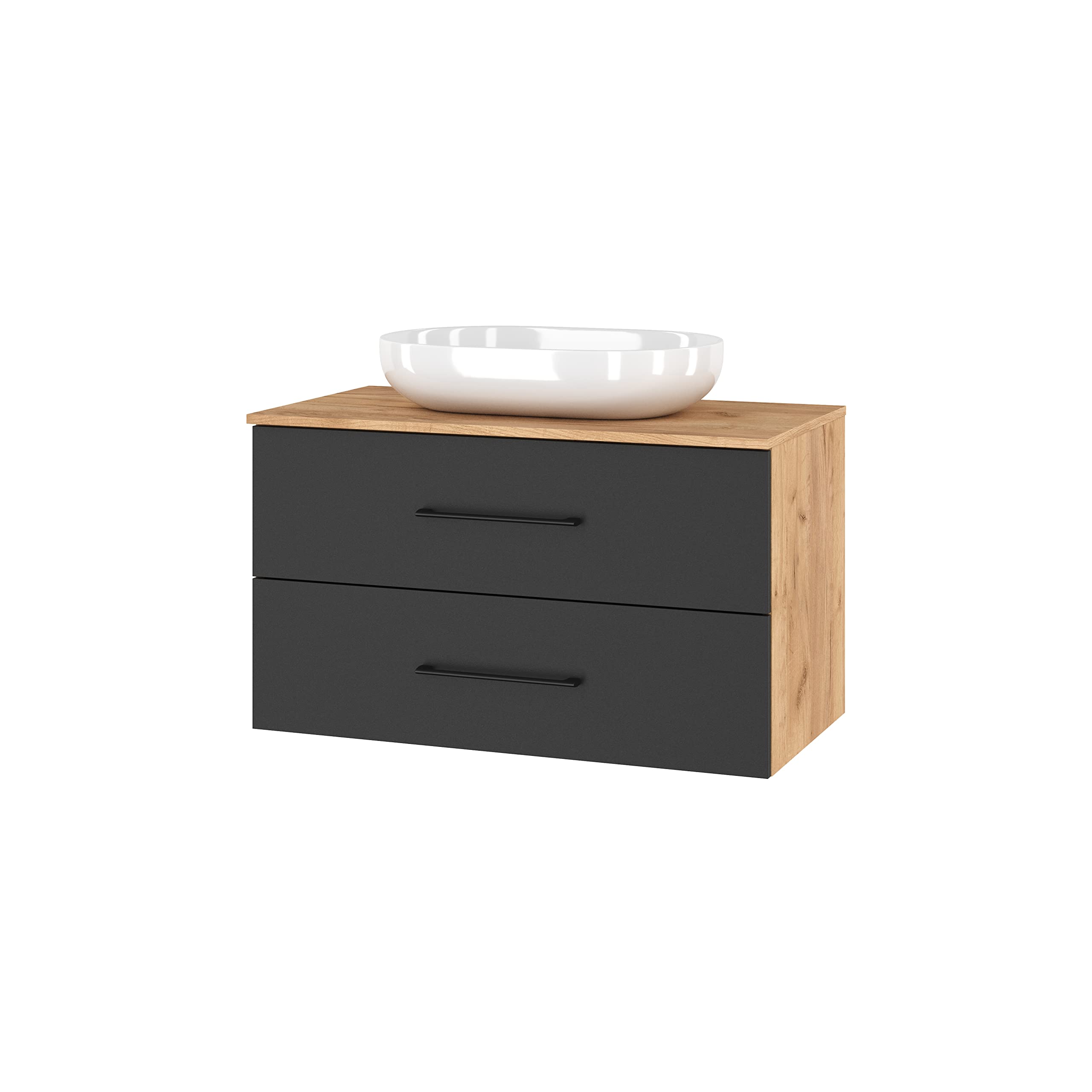 Planetmöbel Badmöbel Komplettset 90 cm Gold Eiche/Anthrazit, Waschtischunterschrank mit Aufsatzwaschbecken, 2X Midischrank und Hochschrank LUX 30 cm