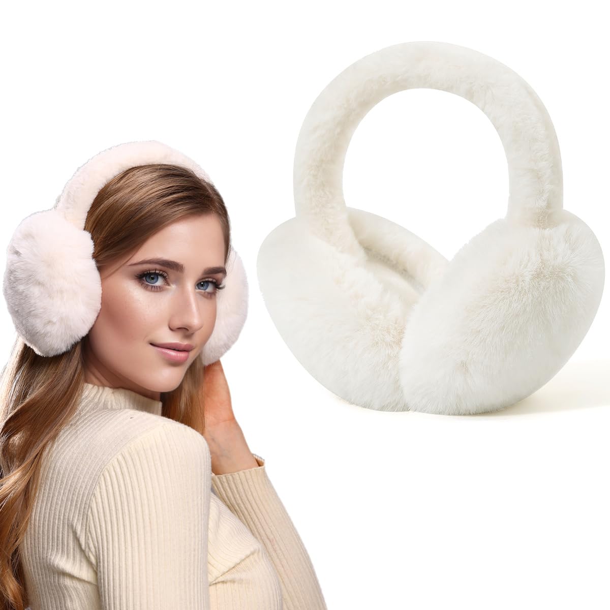 Dwenarry Women's White Ear Muffs For Winter Faux Fur Earmuffs Foldable Ear Warmers Covers For Cold Weather 1Pack