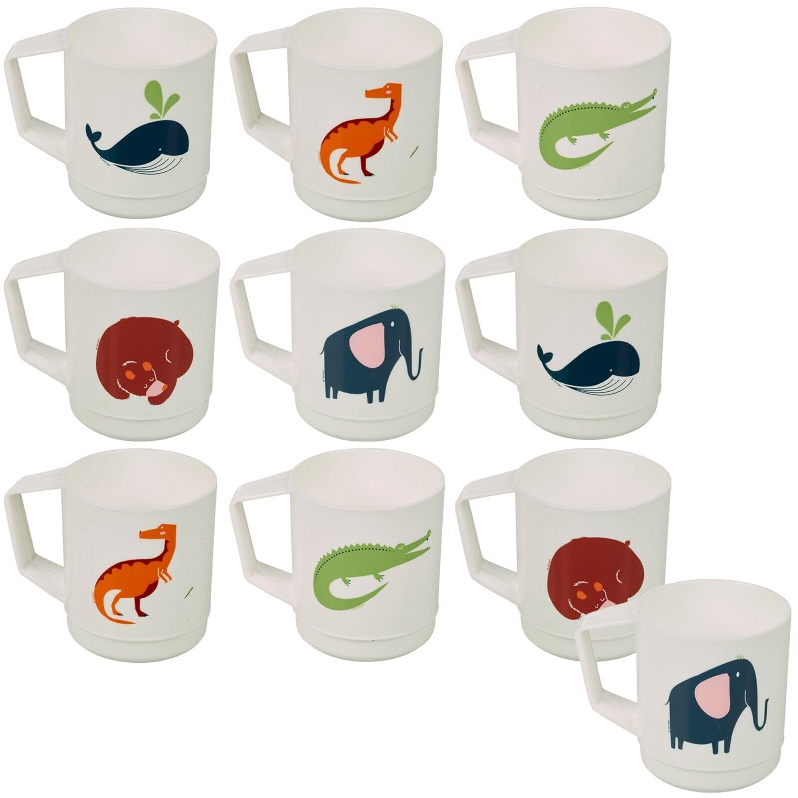 URBN-CHEF Kids Reusable Plastic Drinking Mugs Cups Handle Assorted Animal Design Set (10)