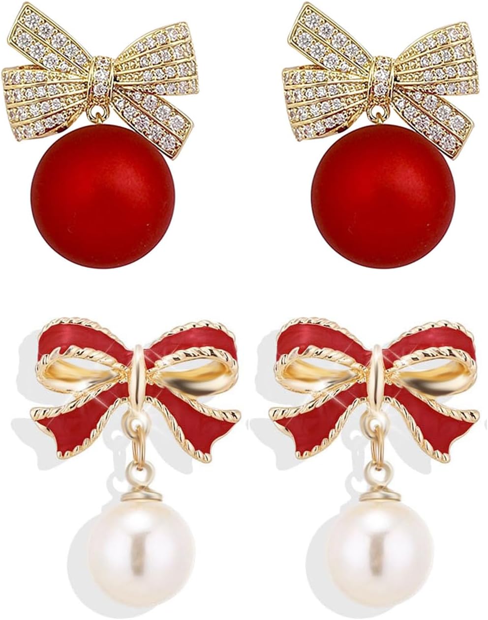 Gold Bow Earrings Pink Small Classic Bow Stud Earrings for Women Dainty Pearl Bow Dangle Earrings Hypoallergenic Gold Earrings Christmas Bow Earring for Women