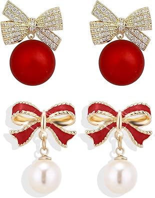 Gold Bow Earrings Pink Small Classic Bow Stud Earrings for Women Dainty Pearl Bow Dangle Earrings Hypoallergenic Gold Earrings Christmas Bow Earring for Women