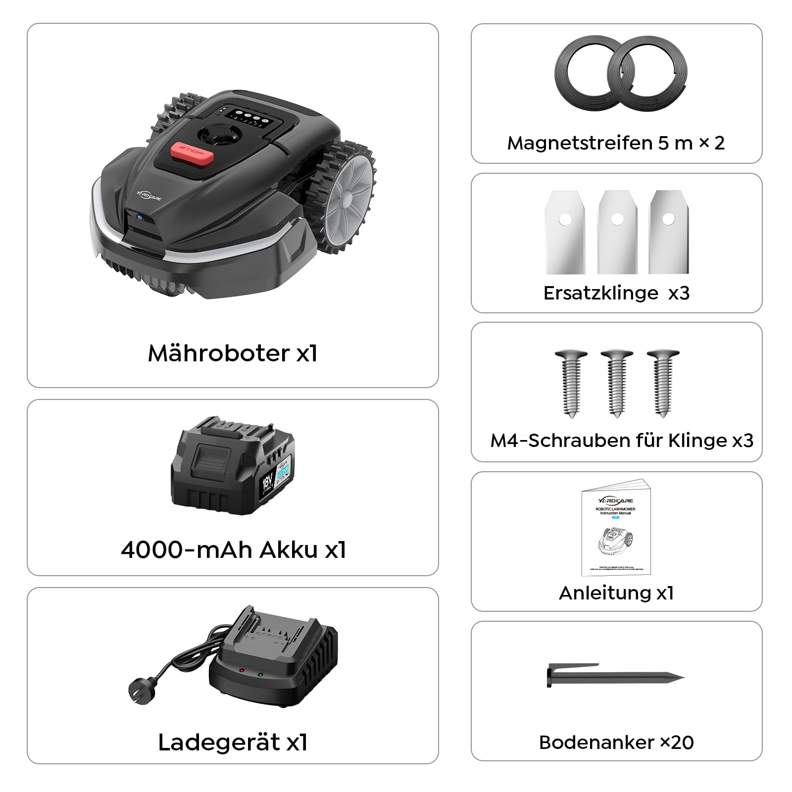 YARDCARE V3 Mähroboter ohne Begrenzungskabel, KI-Visionsnavigation, 150+ Hinderniserkennung, App-Steuerung, bürstenloser Motor, 50 dB, einstellbare Schnitthöhe, für kleine Gärten