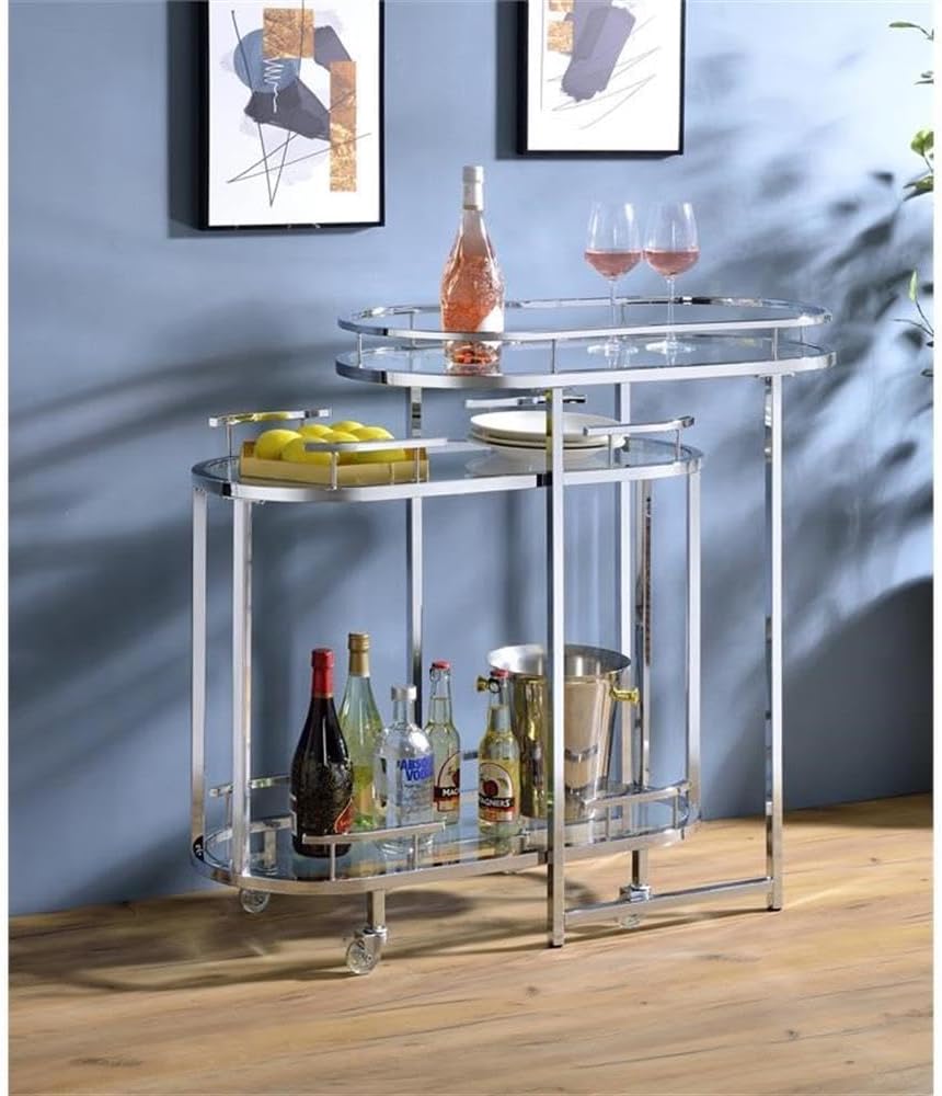 Acme Piffo Glass Top Storage Serving Cart and Bar Table in Clear and Chrome