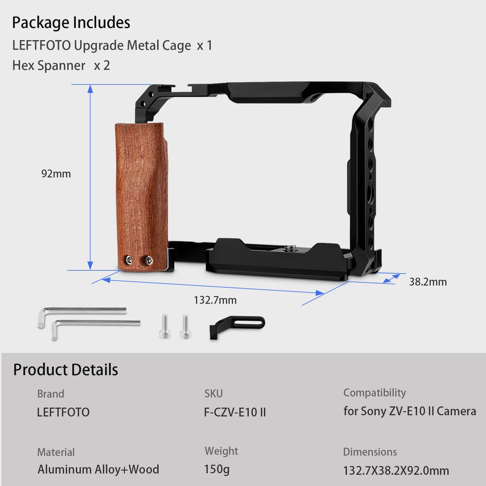 Leftfoto ZV-E10 II ulepszona metalowa klatka do aparatu Sony Alpha ZV-E10 II z wbudowanym, ergonomicznym drewnianym uchwytem, płytka szybkiego montażu do Arca do nagrywania wideo Vlog
