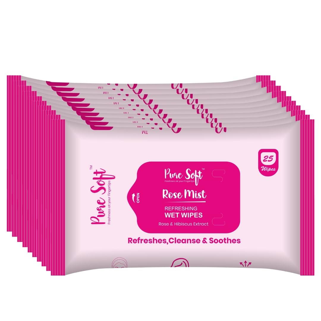 Pure Soft Rose Mist Refreshing Wet Wipes 25N Each - Pack of 10 | Wet Wipes for Face with Rosehip Extract, Hibiscus Extract & Calendula Extract | Makeup Remover Wipes | Hydrating, Refreshing, Soothing | Paraben & Alcohol Free-image-34