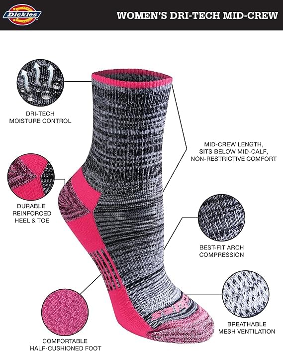 Image of Dickies Women's Dri-tech Advanced Moisture Wicking Mid-crew Socks, Available in M-l (6, 12 Pairs)