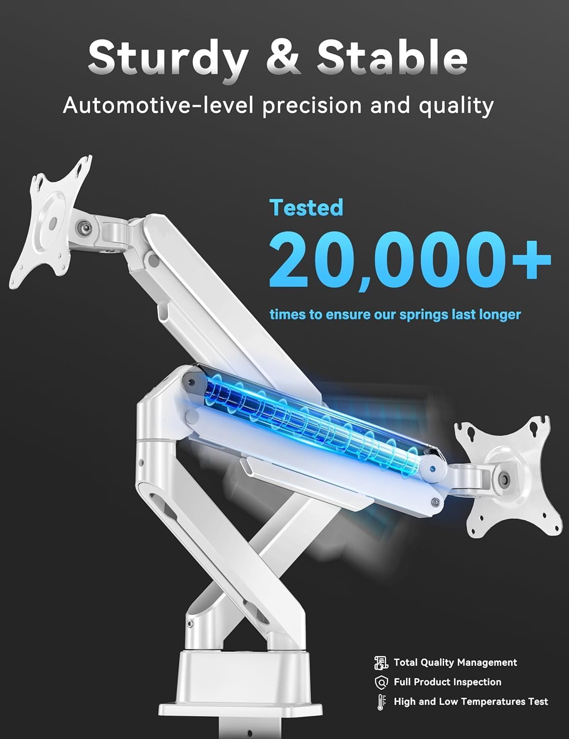 Diagram showing the internal gas spring mechanism of the monitor arm, highlighting its robust construction.