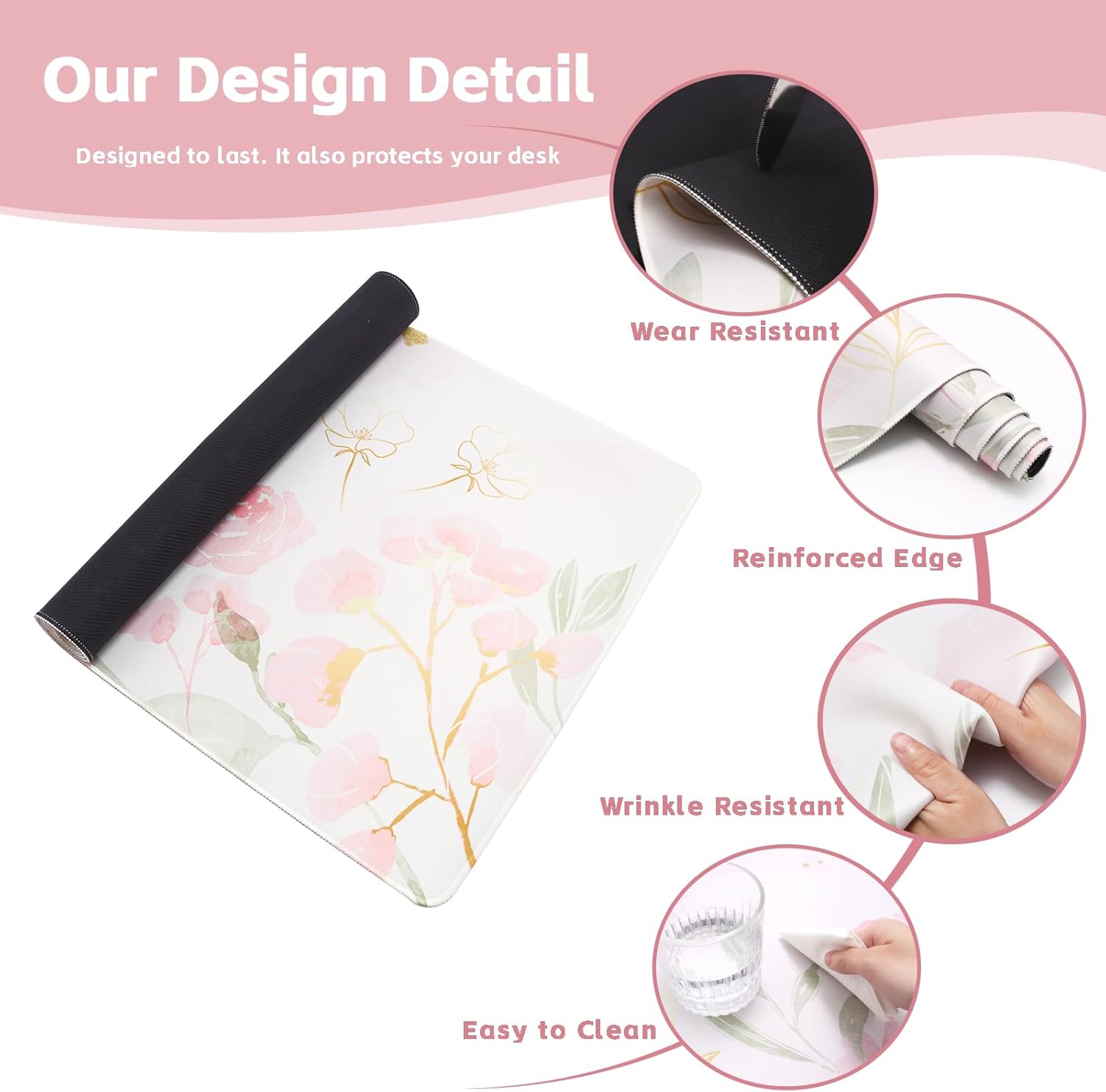 Baziabbo Pink Floral Desk Mat,XXL Extended Large Mouse Pad,Gaming Mousepad with Stitched Edge,Non-Slip Rubber Base Keyboard Desk Pad for Home Office Study Game - Image 4