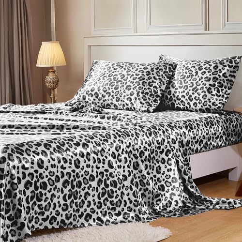 Image of MR&HM Satin Sheets with Elastic Corner Straps, Queen Size Sheets Set, 4 Pcs Silky Bedding Set with 15 Inches Deep Pocket for Mattress (Queen, White Leopard)