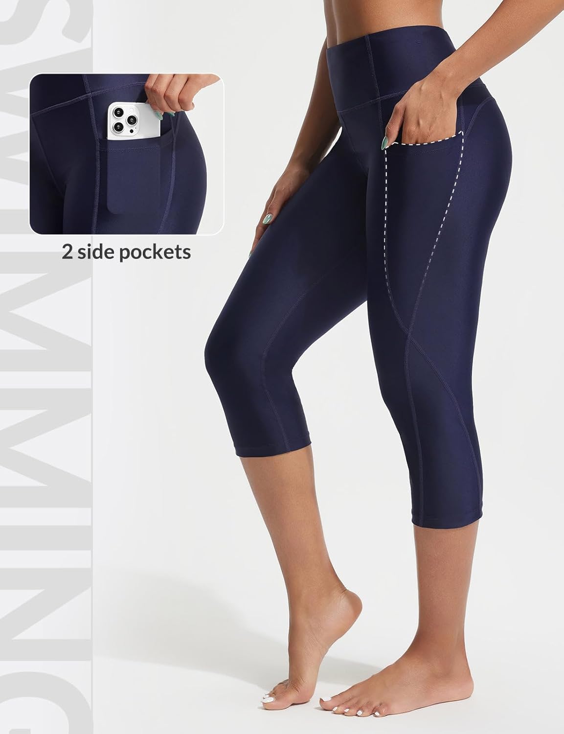 baleaf Women's 18" High Waisted Swim Pants Long Swim Capris UPF50+ Swimsuit with Liner and Pockets - Image 4