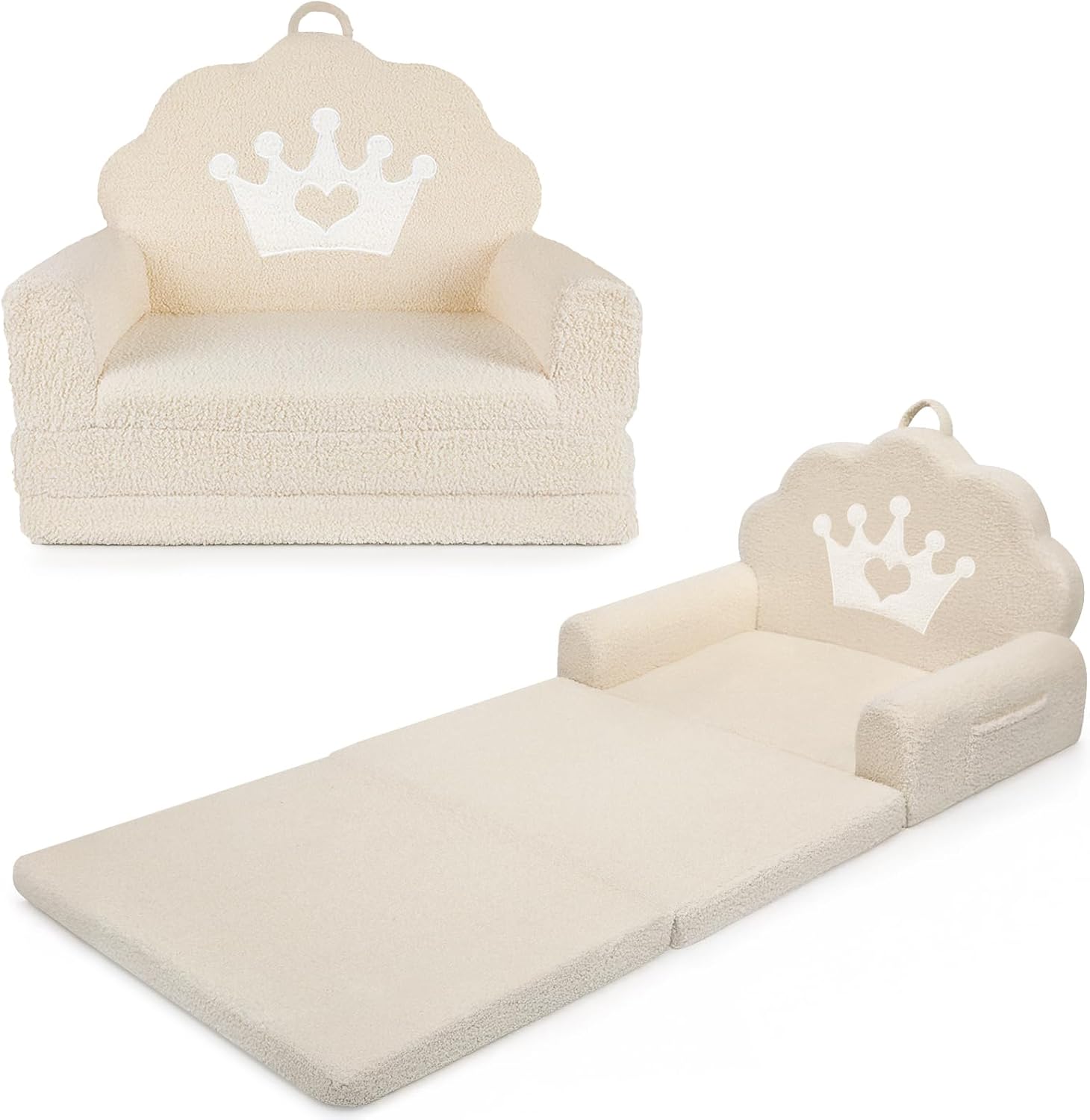 2-in-1 Kids Couch Fold Out, Soft Teddy Sherpa Toddler Couch with Crown Design, Convertible Kids Sofa to Lounger for Nap & Playtime, Cozy Children's Furniture for Boys & Girls, Beige