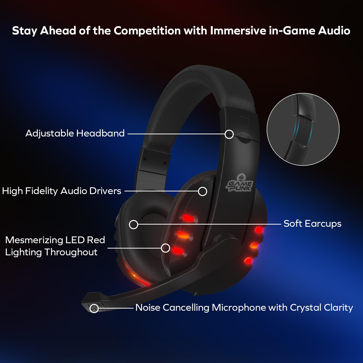 GAME PUNK Cuffie da gioco a LED cablate con microfono e luci a LED, supporto per cuffie da gioco per PS5, Xbox Series X e S, laptop, supporto per cuffie da gioco per PC, USB, ingresso AUX
