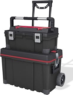 Keter Mobile Hawk Cart and Stackable Tool Box System and Organizer with Telescopic Comfort Grip Handle - Perfect Organizat...