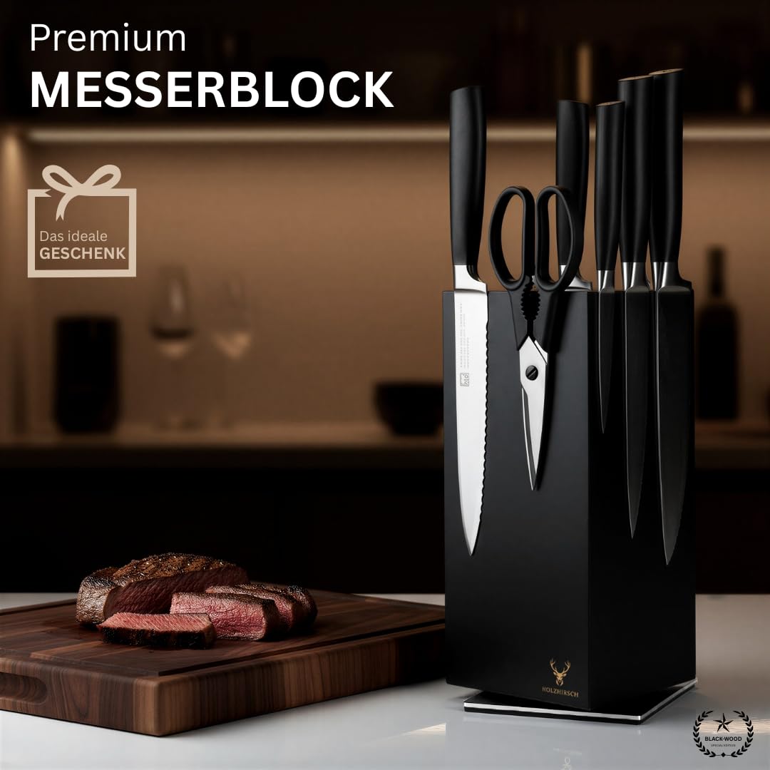Messerblock ohne Messer magnetisch [Premium] | 360° drehbar | 4,5 kg schwer | Rutschfeste Edelstahl-Basis | Massiver Holzkern | Obsidian BlackWood