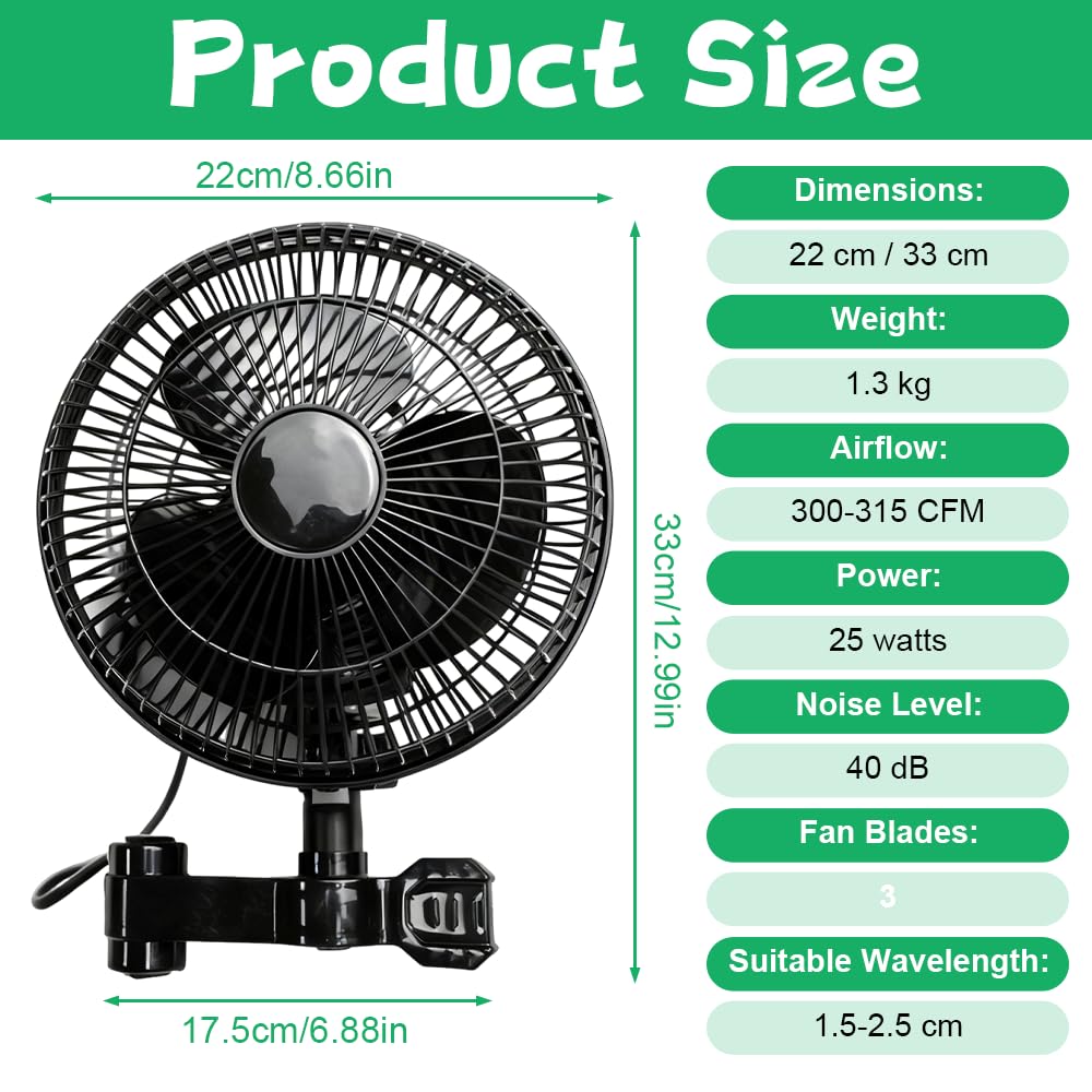 Grow Ventilator Oszillierend 25W, Clip Ventilator Oszillierend, 2 Geschwindigkeitsstufen, 22 cm Durchmesser, Clip Fan für Growbox Growzelt