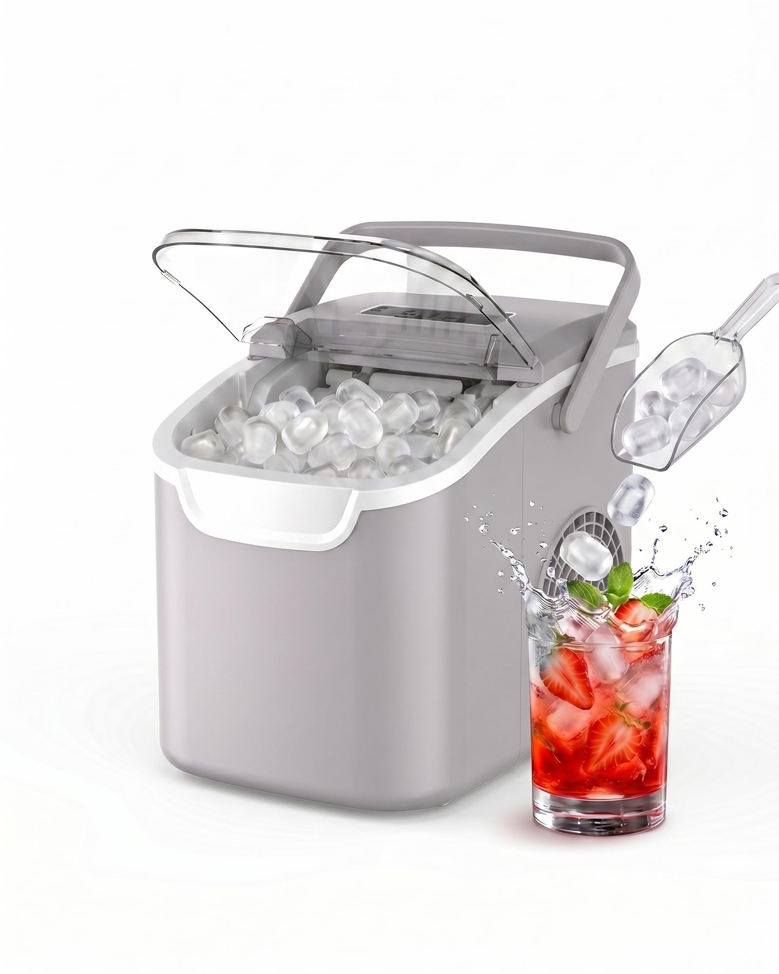 Kismile Macchina per cubetti di ghiaccio per piano di lavoro, 8 cubetti di ghiaccio in 6 minuti, 11,8 kg/24 ore, altamente efficiente, portatile, con maniglia, cestino e pala, cucina e ufficio, grigio