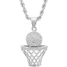 Basketball Necklace - 18K Plated Basketball Chain with Hoop for Men, Women, Teens - Gold, Silver & Black Color Options - Stainless Steel Sports Pendant with Simulated Diamond CZ Stones