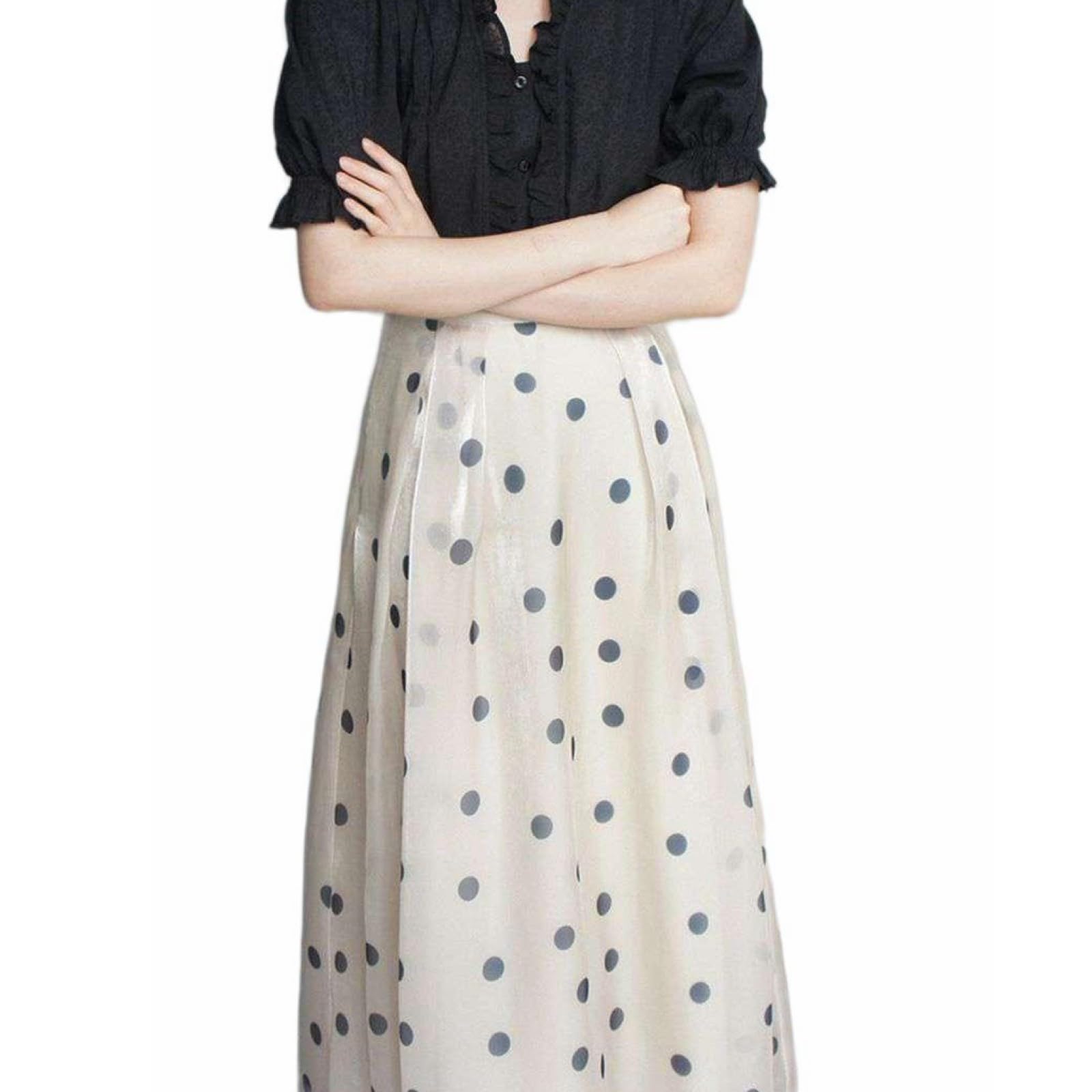 Jupe en Satin Taille Haute pour Femme - Jupe Trapèze Imprimée À Pois Brillant Rétro D'Été, Texture Élégante Française, Jupe Parapluie Fine Et Douce pour La Peau