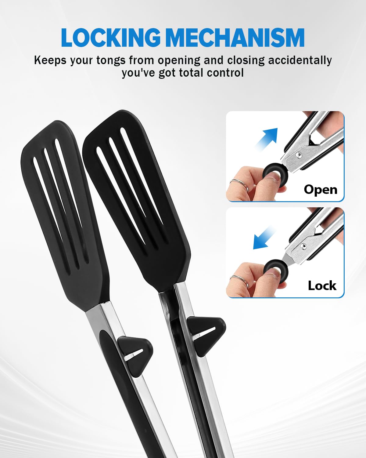 Pinzas de cocina para cocinar, punta de silicona antiarañazos de 9 pulgadas para sartenes antiadherentes, pinzas de servir de grado alimenticio, cierre de tracción, juego de 3, color negro