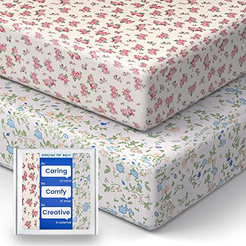 Premium Soft Crib Sheet, Totbasic Stretchy Jersey Cotton Crib Sheets For Baby Girl, Breathable Standard Crib Mattress Sheets, Cute Baby Sheets For Crib 28''X52''X9'' Extra Deep Pocket (Vintage Flower) #TOP4