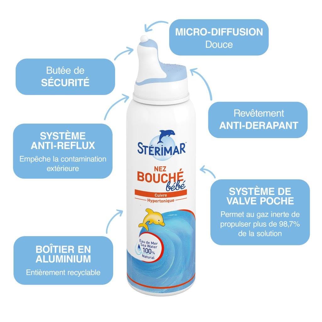 STÉRIMAR Nez Bouché Bébé - Spray Nasal pour Bébés à partir de 3 mois, Débouche le Nez, à l'Eau de Mer 100% Naturelle & Cuivre, Formule Hypertonique, 100 ml