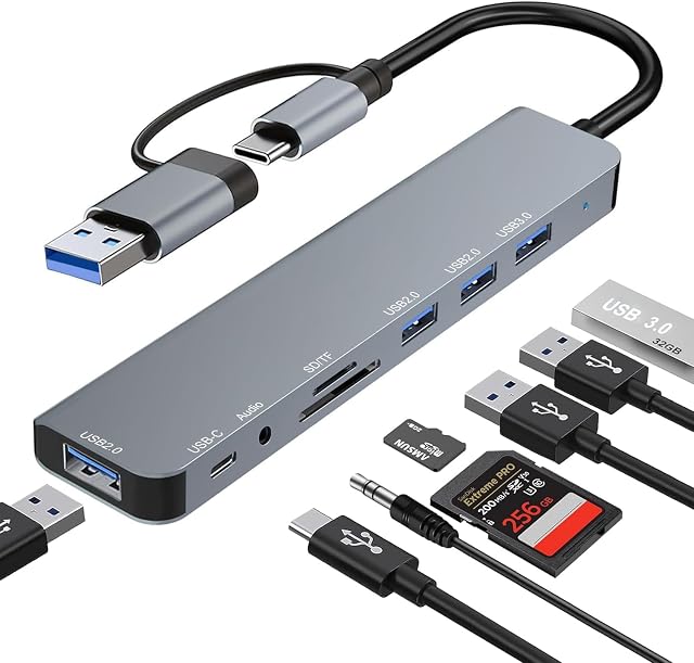 Hub USB 3.0 y USB-C 8 en 2 con Lector SD/TF y Audio 3.5mm