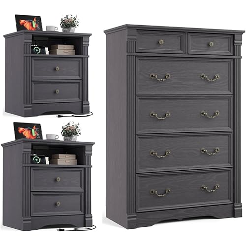 Bedroom Sets 3 Pieces, Farmhouse 6 Drawer Dresser and Nightstand Sets, Wood Bedroom Furniture Set for Bedroom, Living Room, Grey