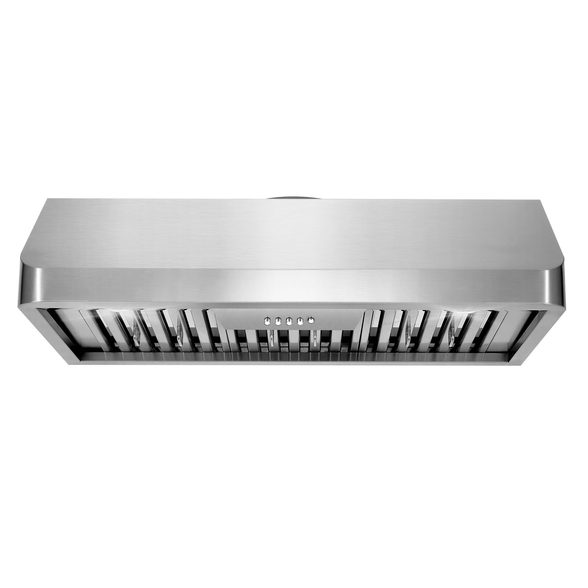 COSMO COS-QB90 36 pulgadas. Haven Collection 500 CFM - Campana extractora con conductos debajo del gabinete, control de botones, luces LED, acero inoxidable