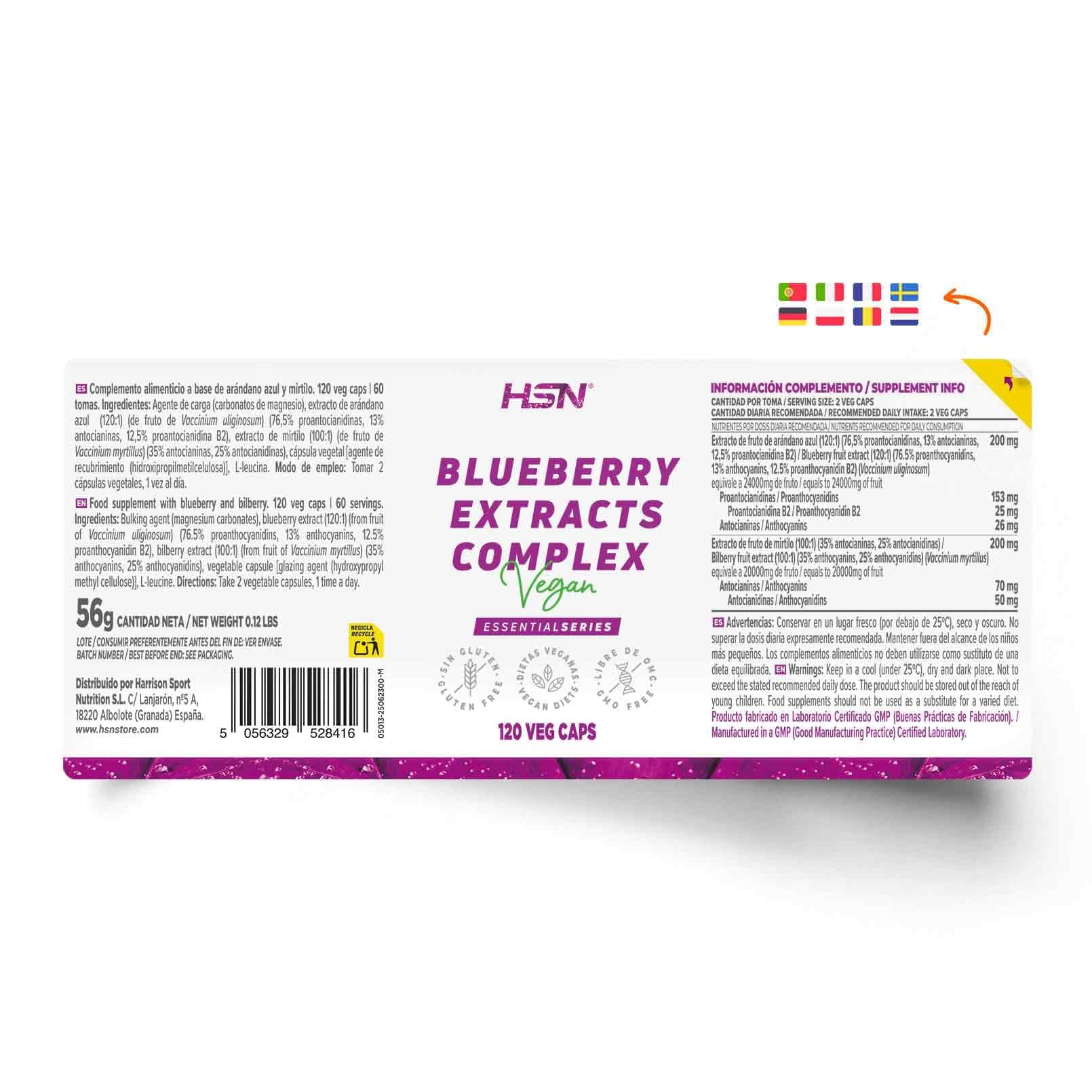 HSN Blueberry Extracts Complex (Arándano Azul + Mirtilo) | 120 Cápsulas Vegetales | Ricos en Antocianinas Proantocianidinas Antocianidinas | No-GMO, Vegano, Sin Gluten